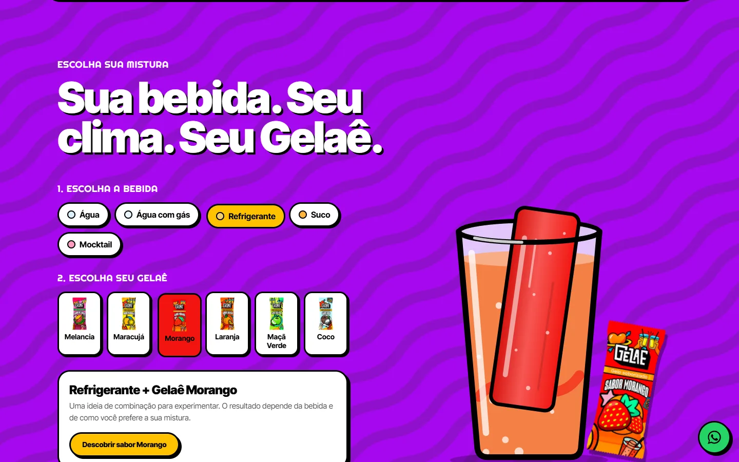 Misturador interativo “Sua bebida. Seu clima. Seu Gelaê.” com Refrigerante e Gelaê Morango selecionados e o gelo entrando no copo