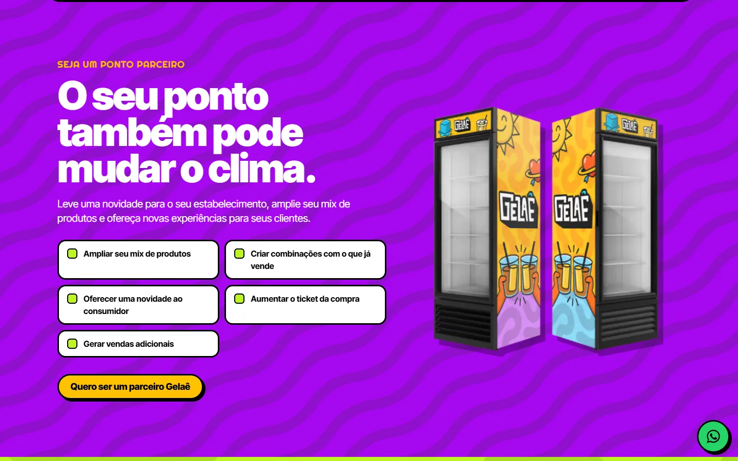 Seção “O seu ponto também pode mudar o clima.” com benefícios para estabelecimentos parceiros e geladeiras Gelaê